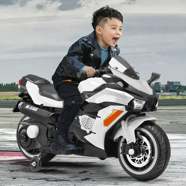 12V Motorcycle for Girls Boys Ride on Motorcycle with LED Lights and Music Kids Electric Motorcycle for Children-White