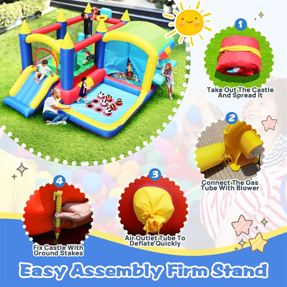 HONGLONG 7 in 1 Giant Inflatable Bounce House，Kids Bounce House Jumping Castle Slide with Ball Pool,Blower for Kids Indoor Outdoor Party Family Fun Party Gift