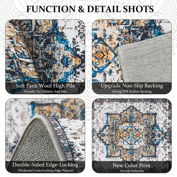 TECHVIDA Kitchen Rugs 4 Piece Set,Non Slip Machine Washable Kitchen Mats,Boho Vintage Abstract Kitchen Carpet for Farmhouse Living Room Hallway