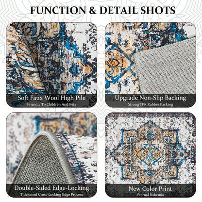 TECHVIDA Kitchen Rugs 4 Piece Set,Non Slip Machine Washable Kitchen Mats,Boho Vintage Abstract Kitchen Carpet for Farmhouse Living Room Hallway