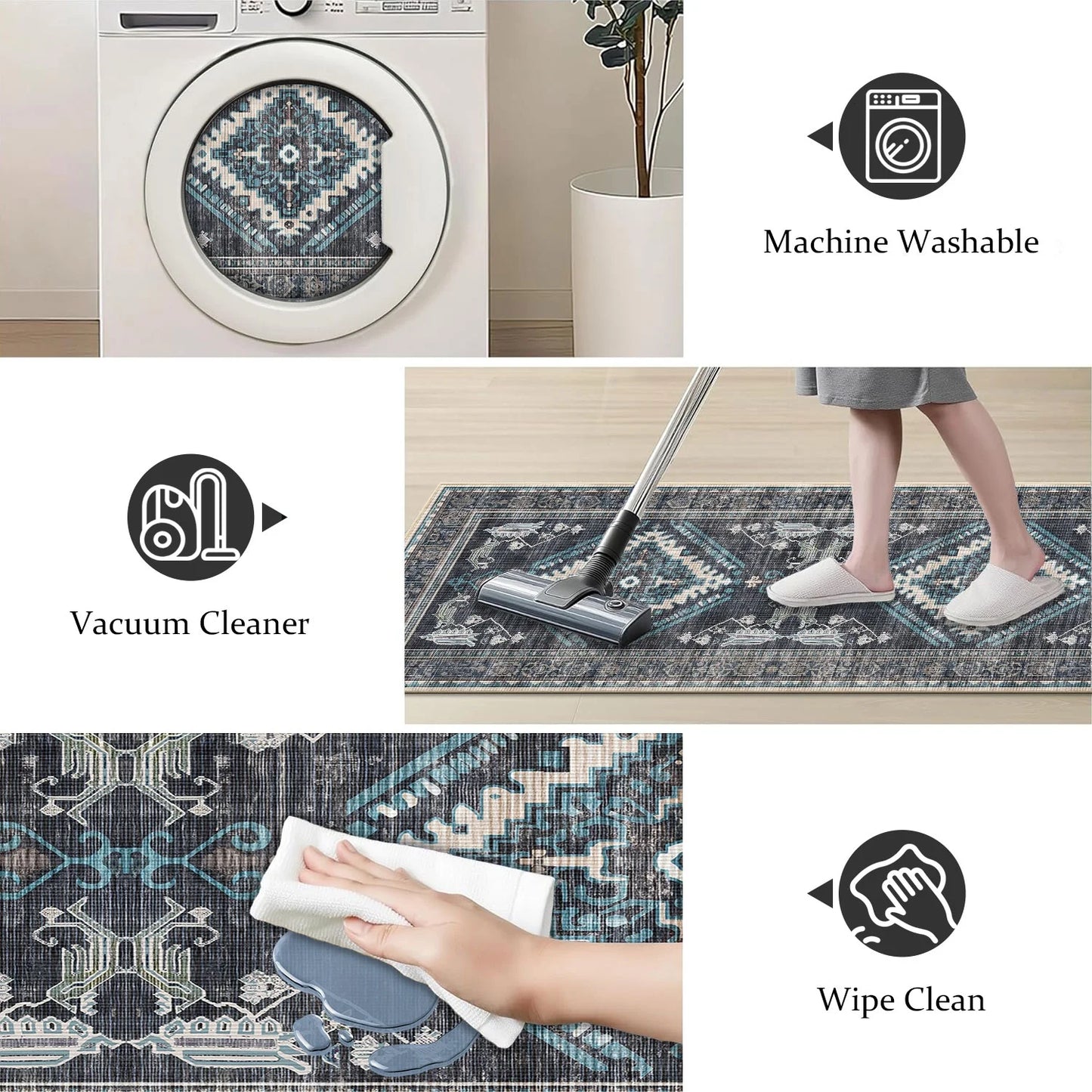 TECHVIDA Kitchen Rugs 3 Piece Set,Non Slip Machine Washable Kitchen Mats,Boho Vintage Abstract Kitchen Carpet for Farmhouse Living Room Hallway