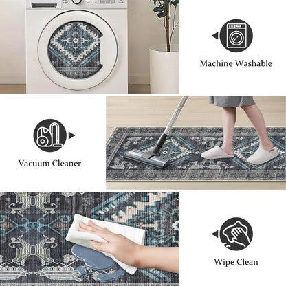 TECHVIDA Kitchen Rugs 3 Piece Set,Non Slip Machine Washable Kitchen Mats,Boho Vintage Abstract Kitchen Carpet for Farmhouse Living Room Hallway