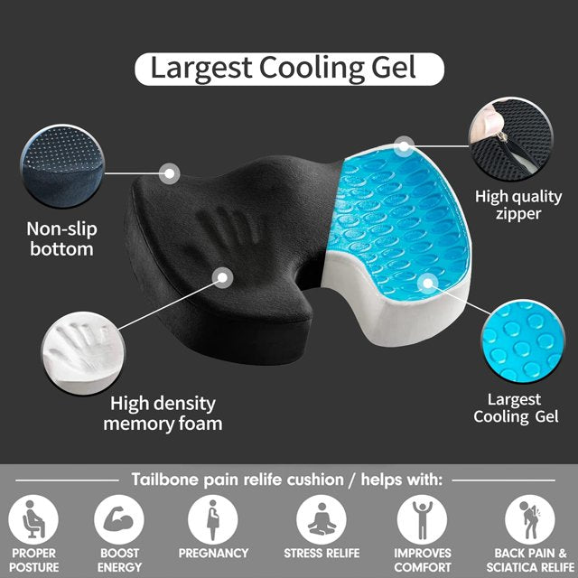 ELTPOWER Memory Foam Seat Cushion Cooling Gel Butt Pillow Car Seat Cushion Butt Pillow for Tailbone Pain Relief Chair Cushion Gray