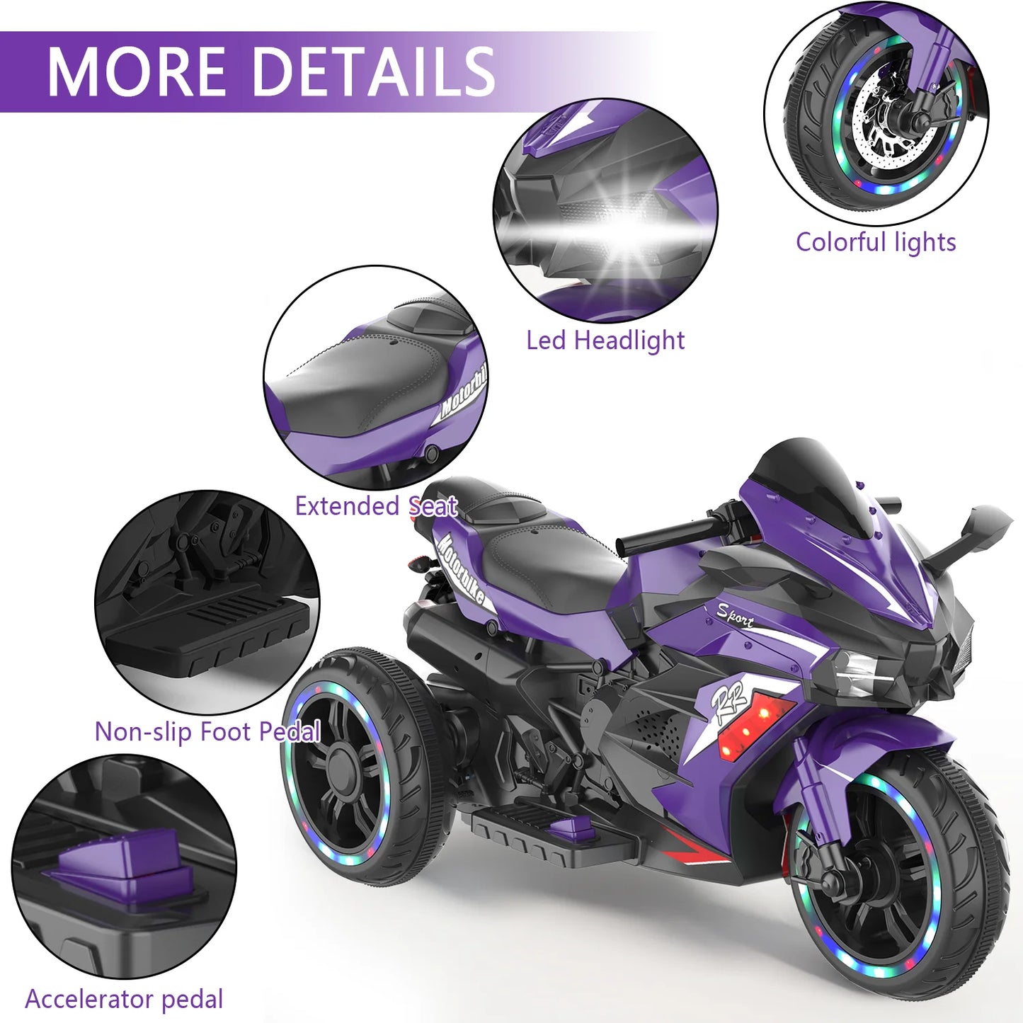 HNH 12V Electric Motorcycle for Kids, Powered Ride on Toys, 3 Wheels Motorcycle with LED Lights, Bluetooth Music, Violet