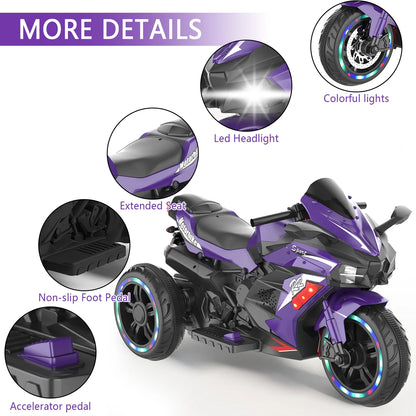 HNH 12V Electric Motorcycle for Kids, Powered Ride on Toys, 3 Wheels Motorcycle with LED Lights, Bluetooth Music, Violet