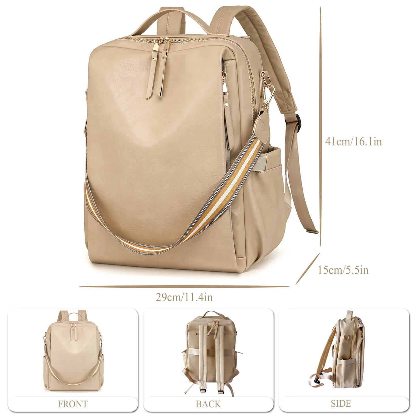 HONGLONG PU Leather Backpack for Women Fashion Multipurpose Design Convertible Backpack Purse Large Shoulder Bag Travel Bag Beige