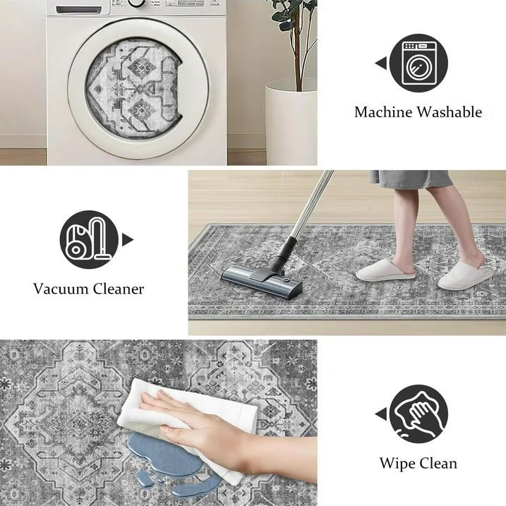TECHVIDA Kitchen Rugs 3 Piece Set,Non Slip Machine Washable Kitchen Mats,Boho Vintage Abstract Kitchen Carpet for Farmhouse Living Room Hallway