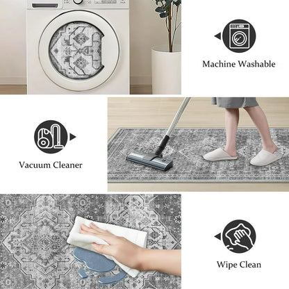 TECHVIDA Kitchen Rugs 3 Piece Set,Non Slip Machine Washable Kitchen Mats,Boho Vintage Abstract Kitchen Carpet for Farmhouse Living Room Hallway