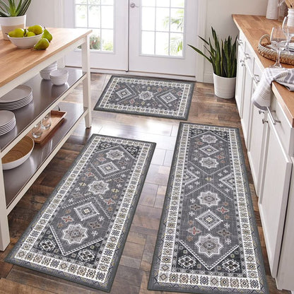 TECHVIDA Boho Kitchen Rug Sets 3 Piece with Runner Non Slip Kitchen Rugs and Mats Washable Kitchen Mats for Floor Thick Kitchen Floor Mat Carpet Runner Rugs for Hallway Laundry Holiday Decor