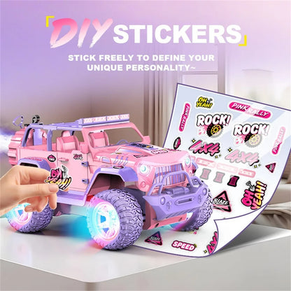 HNH 1:16 Remote Control Car for Kids, Pink Monster Truck with DIY Sticker, Colorful Wheel Light, Spray, Off Road Trucks for Girl Age 4-12 Birthday Gift