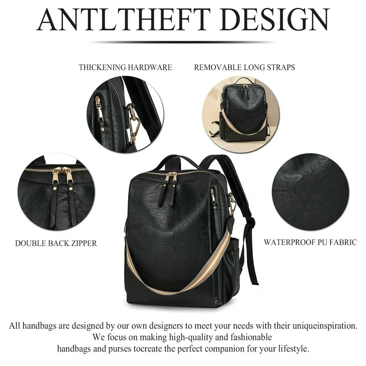 HONGLONG Leather Backpack Purse for Women, Fashion Ladies Waterproof Shoulder Travel Daypacks Bags Black