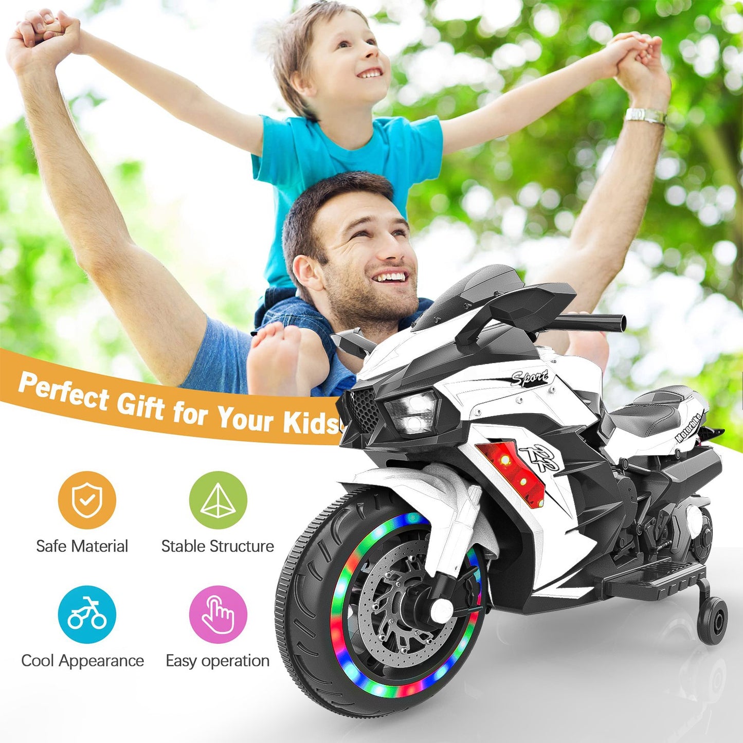Cheelom Kids Motorcycle,12V Ride on Motorcycle Kids Toys, Children Electric Motorcycle with Hand Racing, PU Seat, White