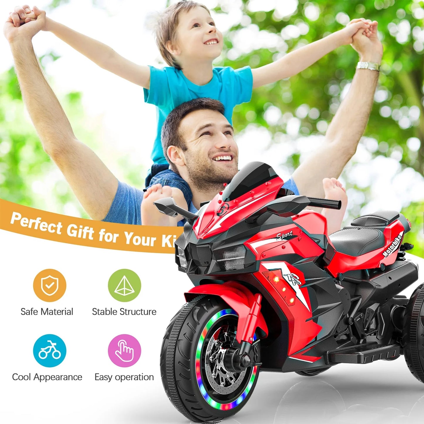 Cheelom Kids Motorcycle,12V Battery Powered Electric Vehicle with 3 Wheels, LED Lights, Foot Pedal, Red