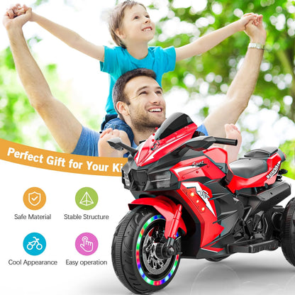 Cheelom Kids Motorcycle,12V Battery Powered Electric Vehicle with 3 Wheels, LED Lights, Foot Pedal, Red