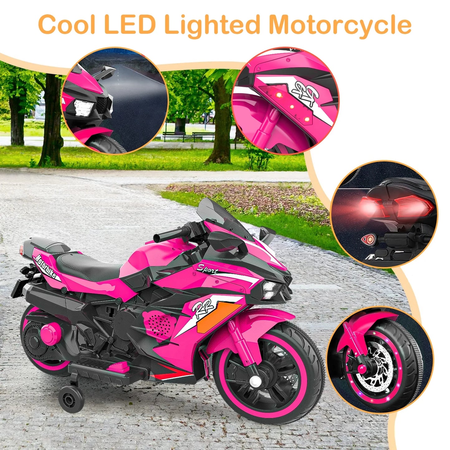 HNH Ride on Toys for Boy Girl, 12V Motorcycle for Kids 3-6, Electric Motorcycle with Music, Bluetooth, Lights(Pink)