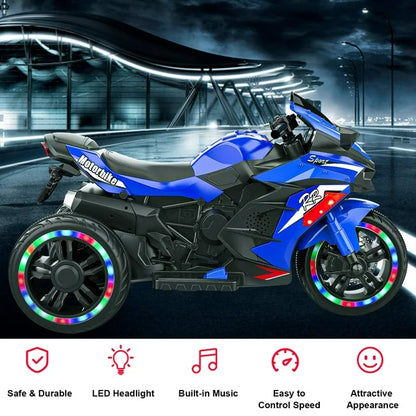 Techvida 12V Kids Motorcycle, Battery Powered Electric Vehicle with 3 Wheels, LED Lights, Foot Pedal, Ride On Motorcycle for Boys Girls (Blue)