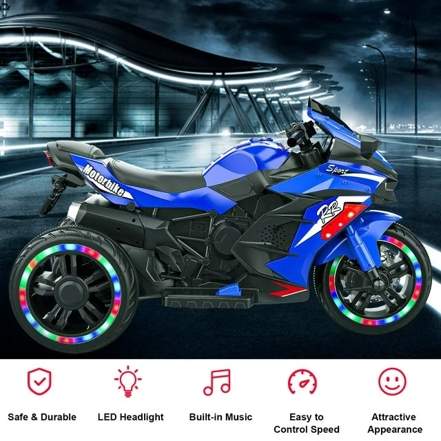 Techvida 12V Kids Motorcycle, Battery Powered Electric Vehicle with 3 Wheels, LED Lights, Foot Pedal, Ride On Motorcycle for Boys Girls (Blue)