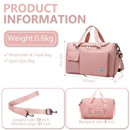 YOMYM Gym Bag for Women, Waterproof Duffle Bag Carry On Weekender Bag with Shoe Compartment & Wet Pocket, Tote Bag for Travel, Pink