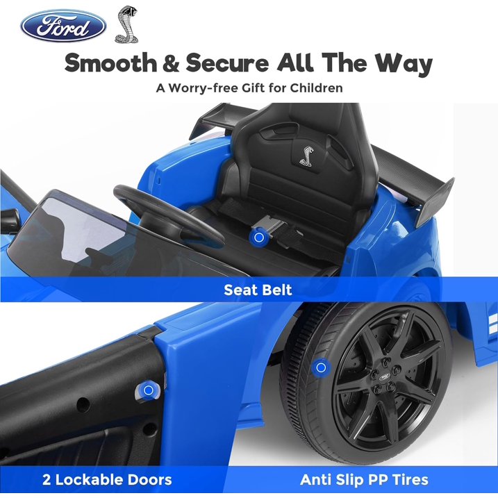 Ride on Toy Cars for Kids,12V Ford Mustang Shelby Powered Ride on Truck Car with Remote Control,Electric Vehicle Car for kids Girl Boy 3-6 w/Music,Bluetooth,LED Lights,3 Speeds,4 Wheelers,Blue