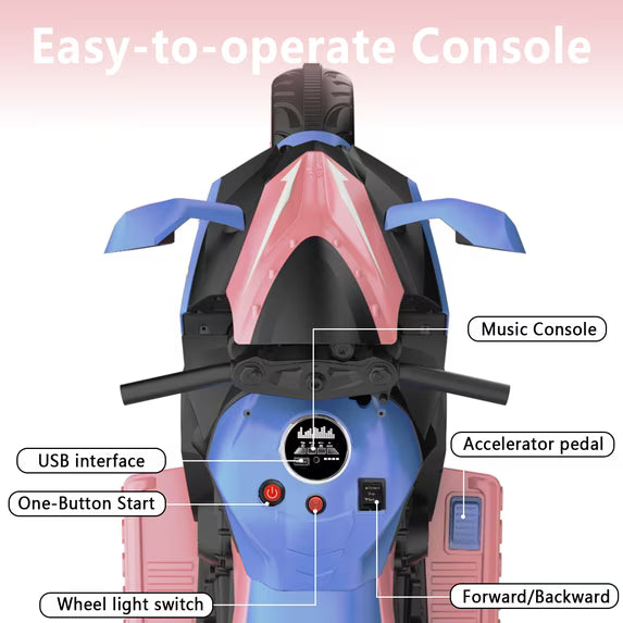 HNH 12V Ride on Motorcycle for Kids, 3 Wheels Battery Powered Motorcycle Toy with Remote Control, Bluetooth, Music, Light