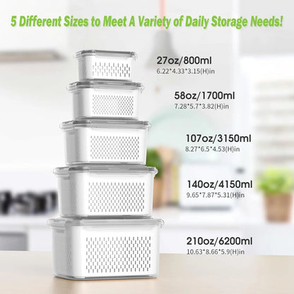 Werseon 10 PCS Fruit Storage Containers for Fridge, 5 Size Food Containers for Refrigerator Organizers Bins with Colander Set, Vegetable Storage Bins with Lids and Handle,16L