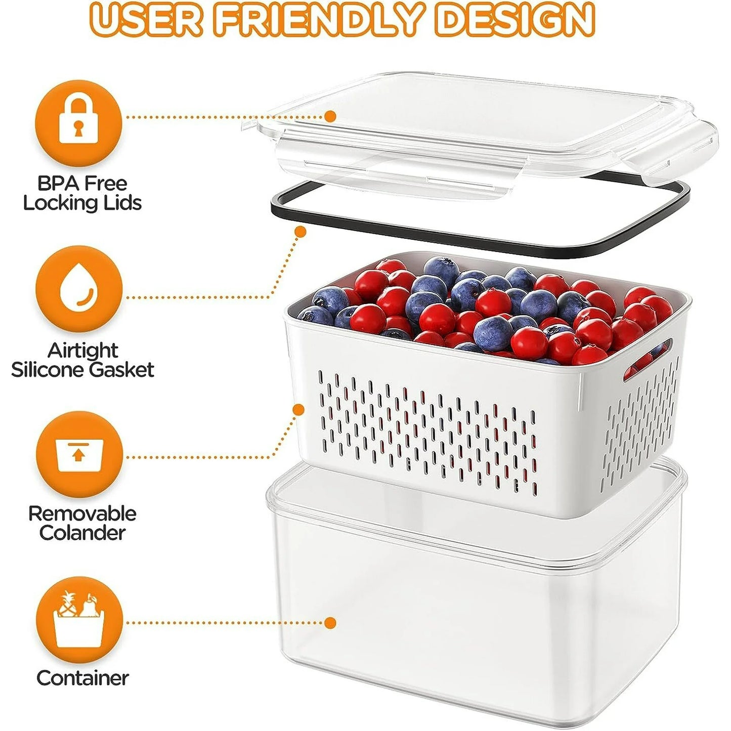WERSEON 5 Pack Airtight Food Storage Containers for Fridge, 16L Pantry Kitchen Storage Containers with Lids, Freezer Safe Fruit Containers with Draining Basket