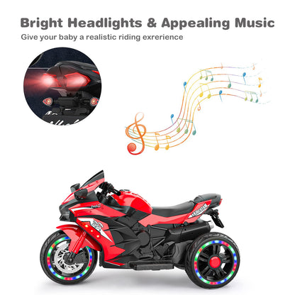 Kids Motorcycle,12V Battery Powered Electric Vehicle with 3 Wheels, LED Lights, Foot Pedal, Red