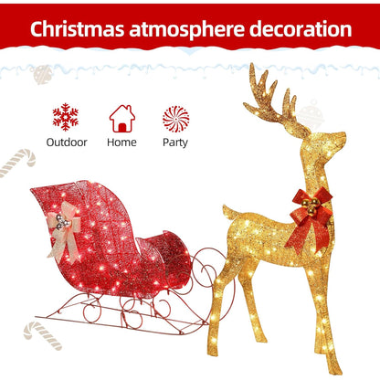 5ft 3D Pre-Lit Christmas Reindeer & Sleigh Set, Gold Glitter Holiday Yard Decoration with 150 LED Lights, 2PCS