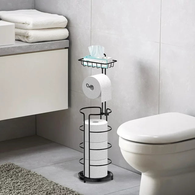 Techvida Toilet Paper Holder Stand with Shelf, Bathroom Freestanding Toilet Paper Stand with 4 Rolls Paper, Clearance