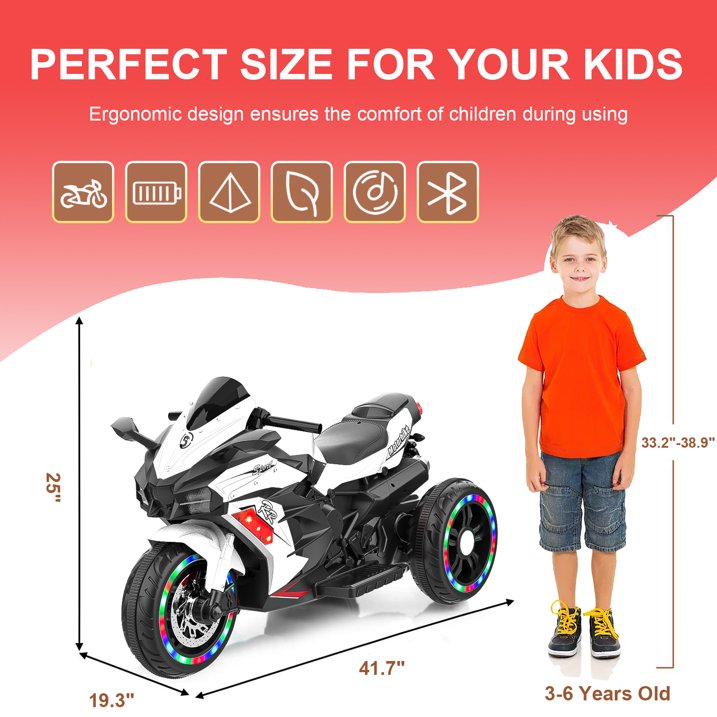 HONGLONG Ride on Toys 12V 3 Wheels Battery Powered Ride on Motorcycle with LED Lights Music for Kids, White