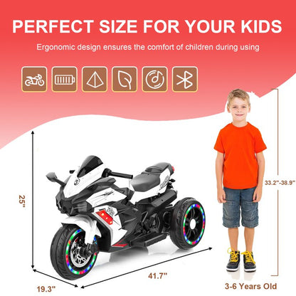 HONGLONG Ride on Toys 12V 3 Wheels Battery Powered Ride on Motorcycle with LED Lights Music for Kids, White