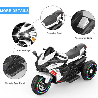 HONGLONG Ride on Toys 12V 3 Wheels Battery Powered Ride on Motorcycle with LED Lights Music for Kids, White