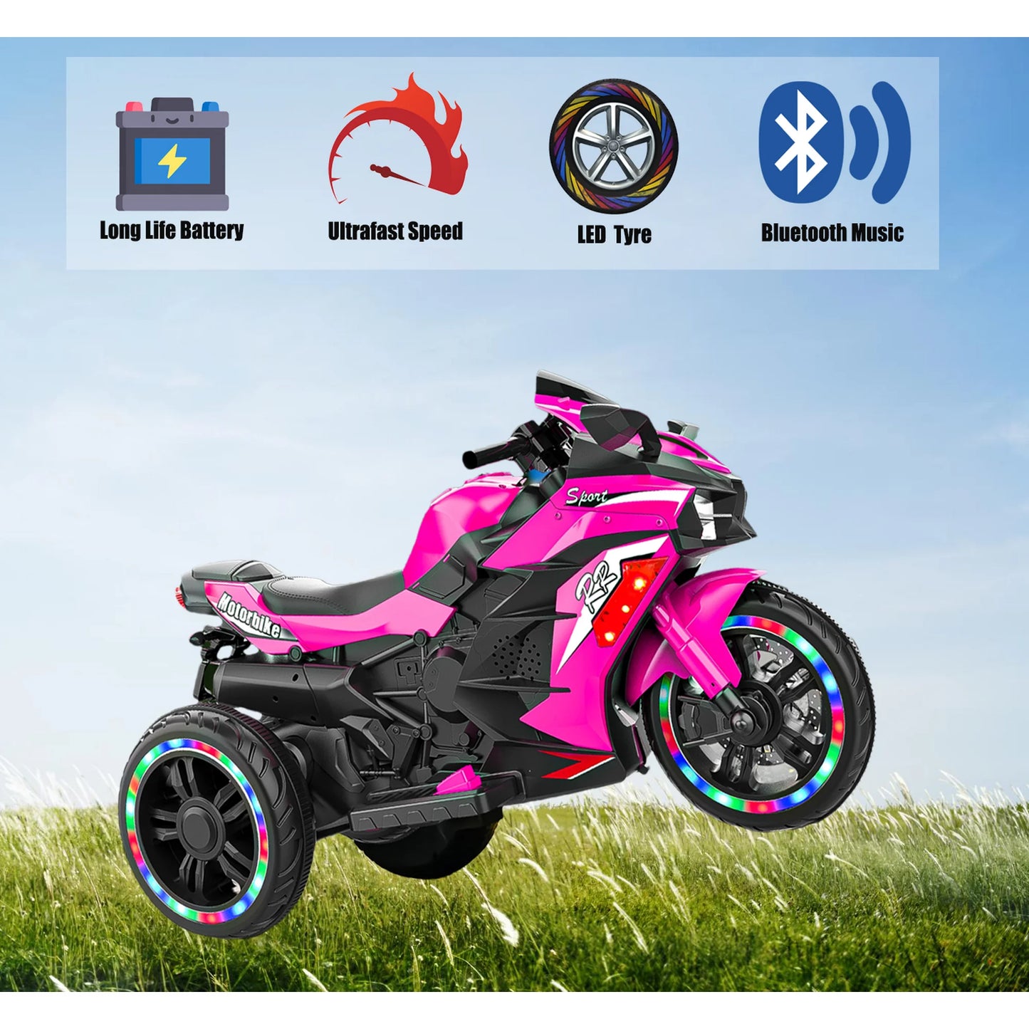Zogymoz 12V Ride on Motorcycle for Kids, Pink Electric Dirt Bike with LED Light, Bluetooth Music, Motorbike Ride on Toy