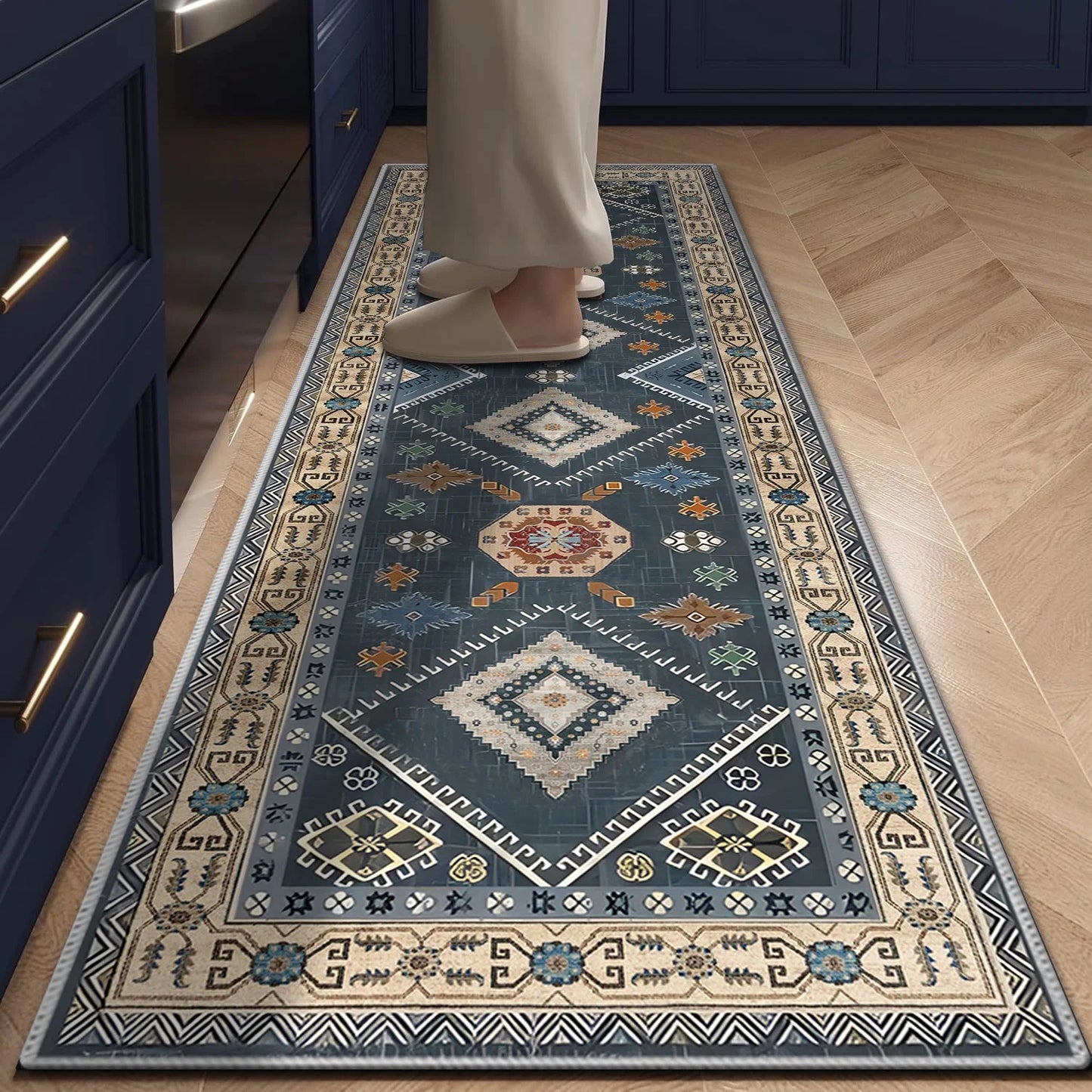TECHVIDA 2'x6' Hallway Runner Rug Boho,Non Slip Machine Washable Rugs for Hallway Kitchen,Dark Blue
