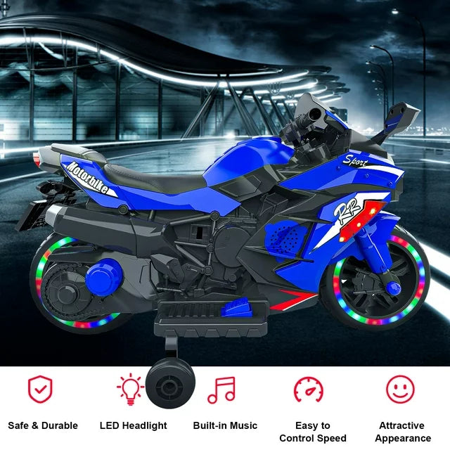 ZOGYMOZ Kids Ride on Motorcycle, 12V Electric Battery Powered Motorcycle with Light Wheel for 3-6 Years Kids-Blue