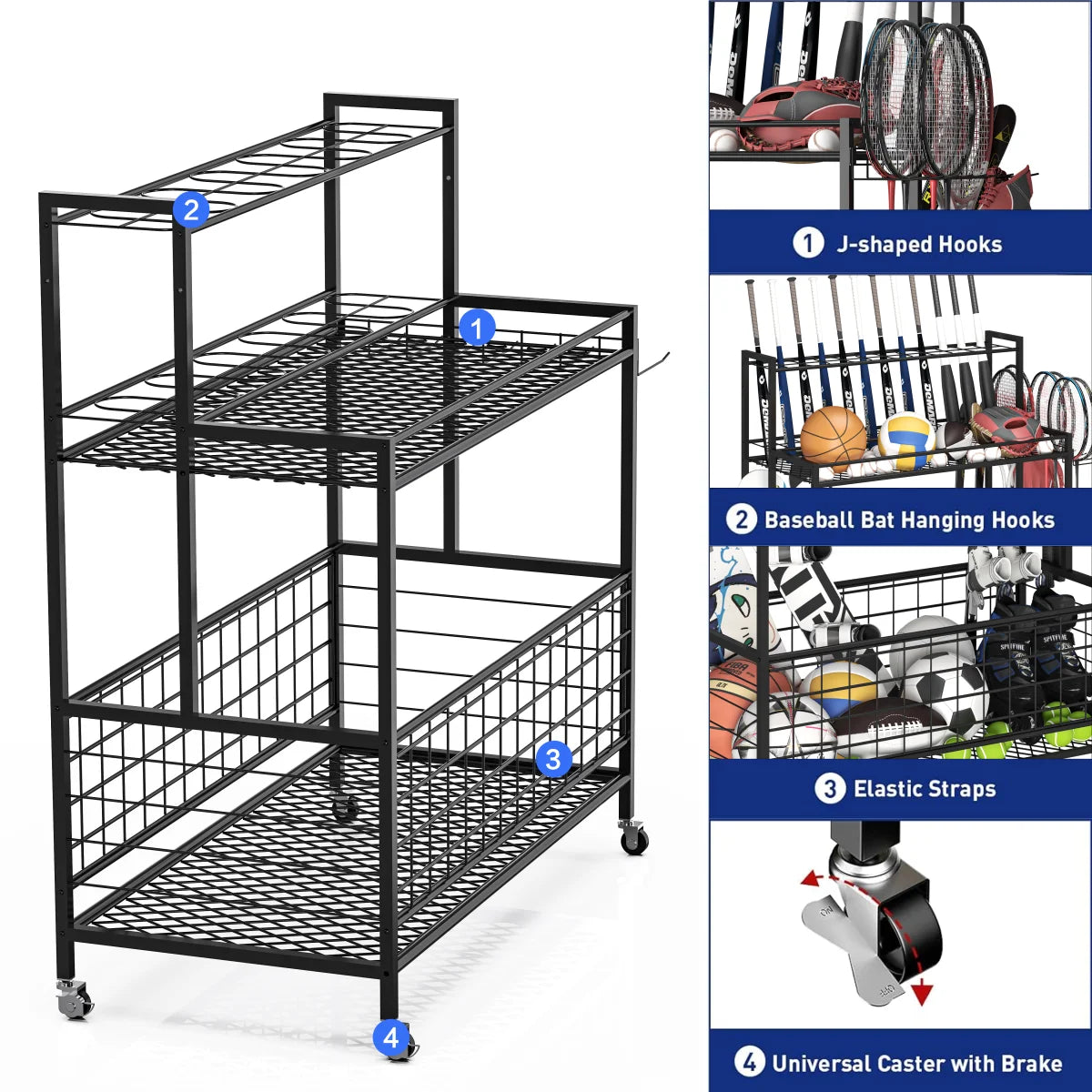 Werseon Sports Equipment Organizer Clearance,Garage Storage Rack with Baskets and Hooks,Organizer Cart for Garage