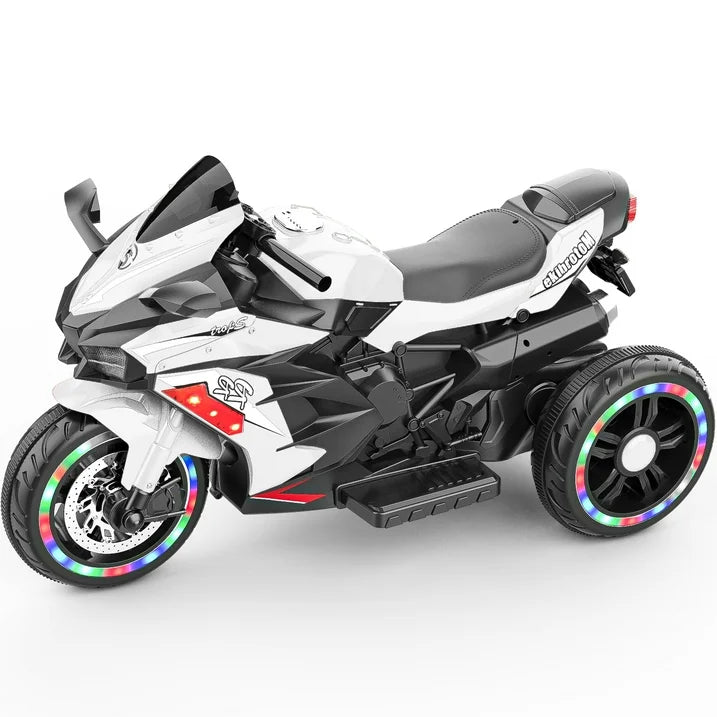 HNH 12V Kids Motorcycle Children Electric Motorcycle 3 Wheels Motorcycle with Bluetooth,White