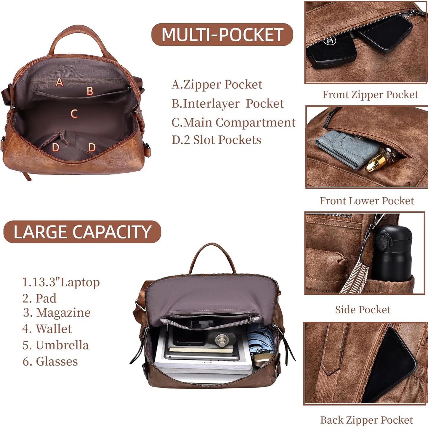 HONGLONG Womens Backpack Purse Leather Backpack Purse for Women Travel Fashion Backpack Designer Ladies Shoulder Bags, Brown