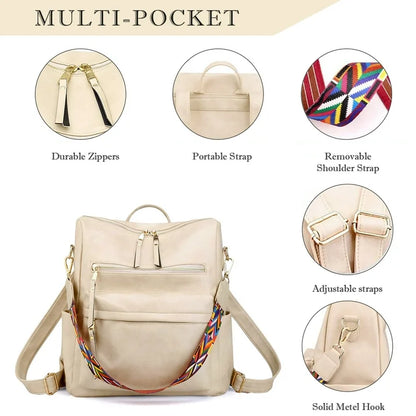 YOMYM Women Backpack Purse Fashion Leather Designer Ladies Convertible Travel College Shoulder Bags with Colorful Strap