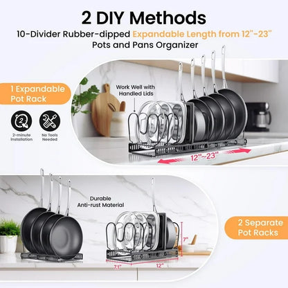 Techvida Expandable Pot Lid Organizer, Pot Lid Rack for Cabinet, Pot and Pan Organizer with 10 Adjustable Compartment