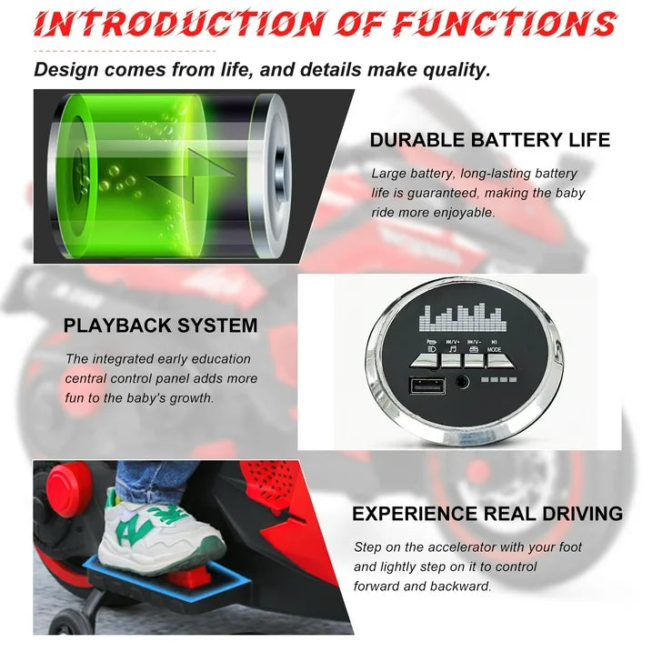 YOMYM 12V Ride On Motorcyle Kids Rechargeable Motorcycle Kids Motorcyclewith Training Wheels