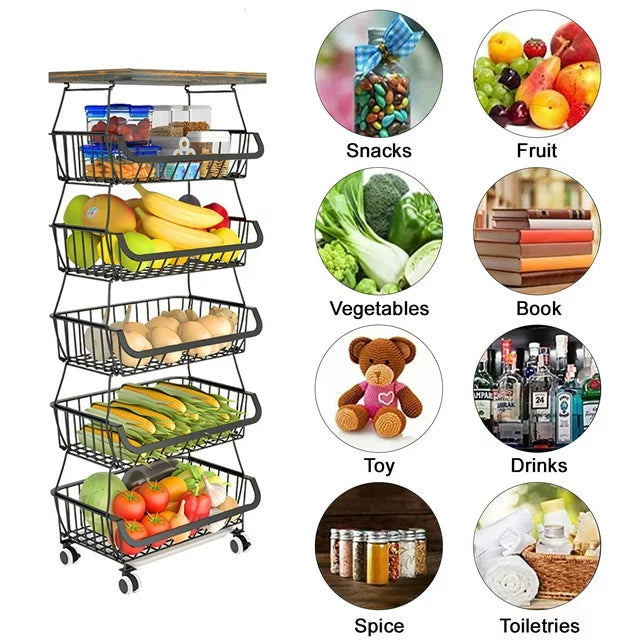 Werseon 6-Tier Fruit Basket Rack, Stackable Wire Basket Cart with Solid Wood, Kitchen Vegetable Storage&Organization