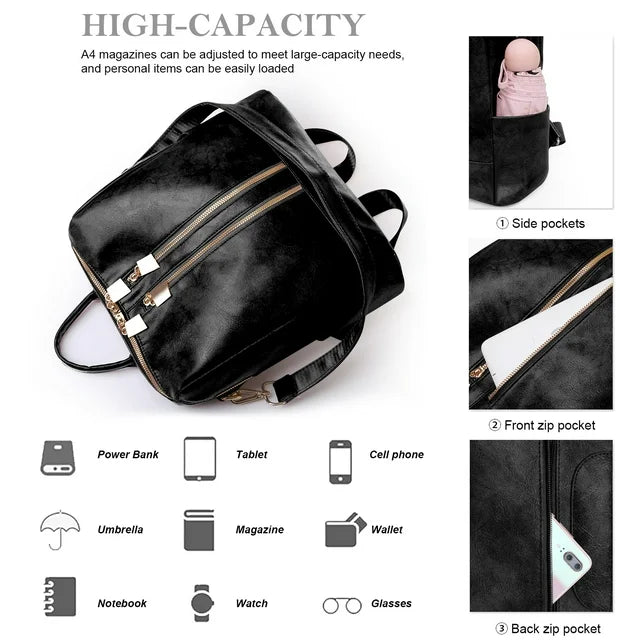 BATE Women's Backpack, Large Capacity Backpack,Leather Handbags and Shoulder Bag Travel Bags,Black