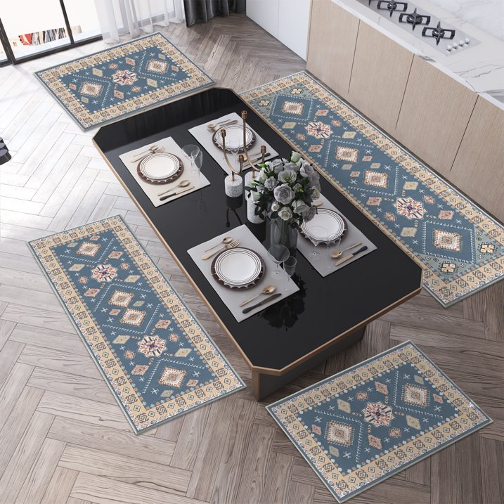 TECHVIDA Kitchen Rugs 4 Piece Set,Non Slip Machine Washable Kitchen Mats,Boho Vintage Abstract Kitchen Carpet for Farmhouse Living Room Hallway