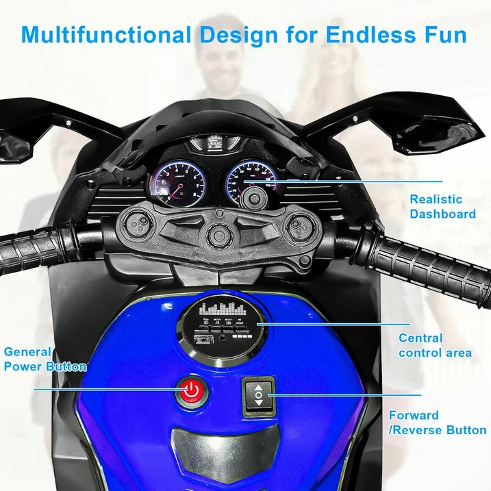 HNH 12V Ride on Motorcycle for Kids, Battery Powered Motorcycle for Child with LED Lights Wheels and Bluetooth Music (Blue)