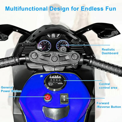 HNH 12V Ride on Motorcycle for Kids, Battery Powered Motorcycle for Child with LED Lights Wheels and Bluetooth Music (Blue)