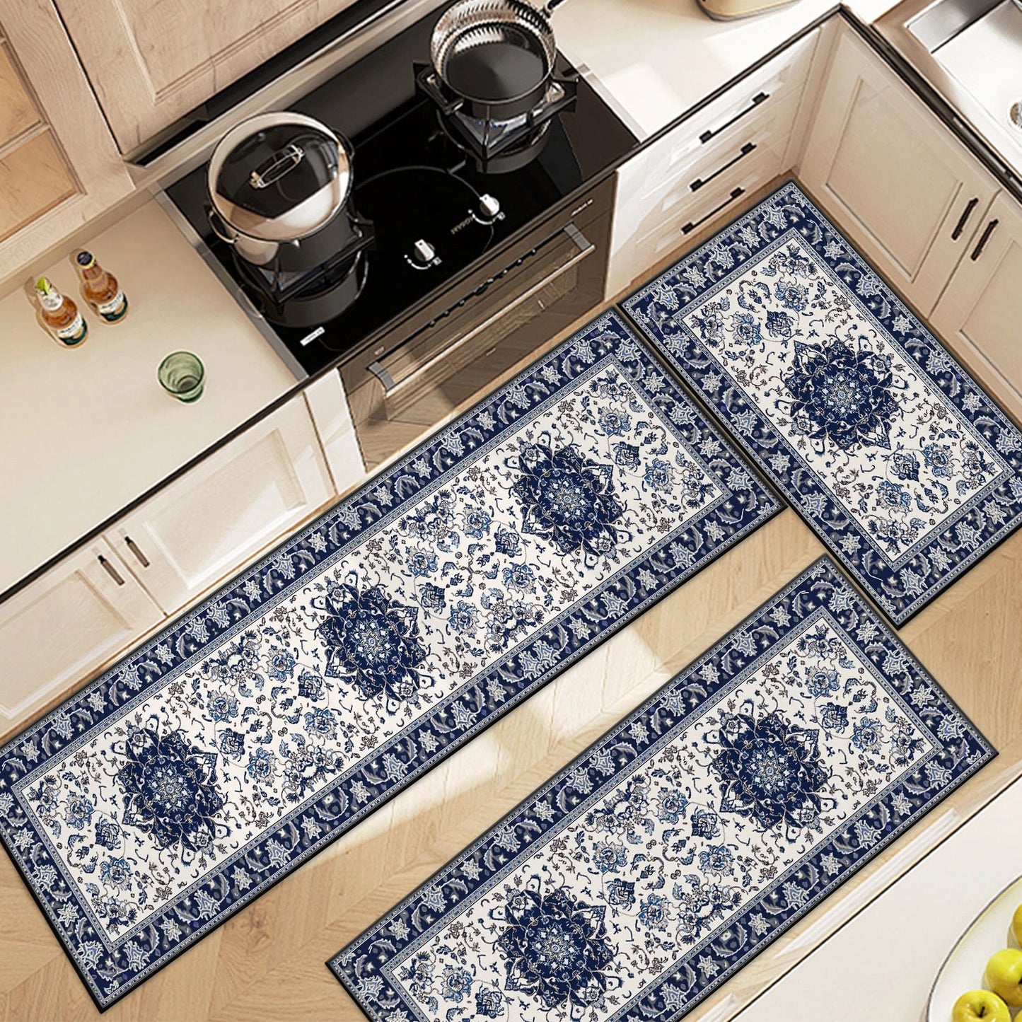 TECHVIDA Kitchen Rugs 3 Piece Set,Non Slip Machine Washable Kitchen Mats,Boho Vintage Abstract Kitchen Carpet for Farmhouse Living Room Hallway