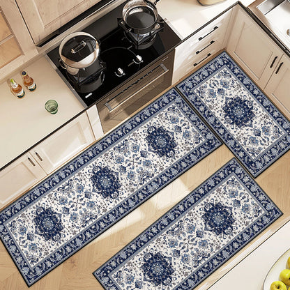 TECHVIDA Kitchen Rugs 3 Piece Set,Non Slip Machine Washable Kitchen Mats,Boho Vintage Abstract Kitchen Carpet for Farmhouse Living Room Hallway