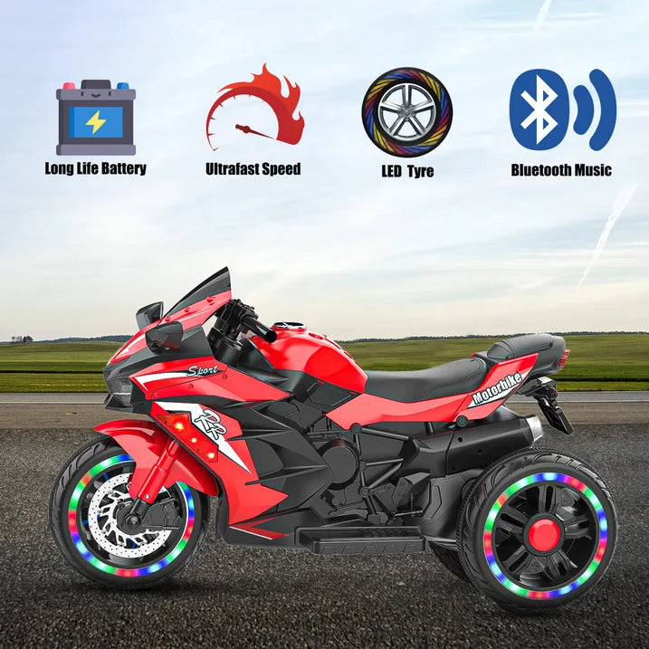 HNH Kids Motorcycle for Kids 3-8, 12V Battery Powered Bike Electric Motorbike, 3 Wheels Ride on Toys with LED Lights, Bluetooth Music