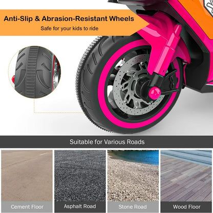 HNH Ride on Toys for Boy Girl, 12V Motorcycle for Kids 3-6, Electric Motorcycle with Music, Bluetooth, Lights(Pink)